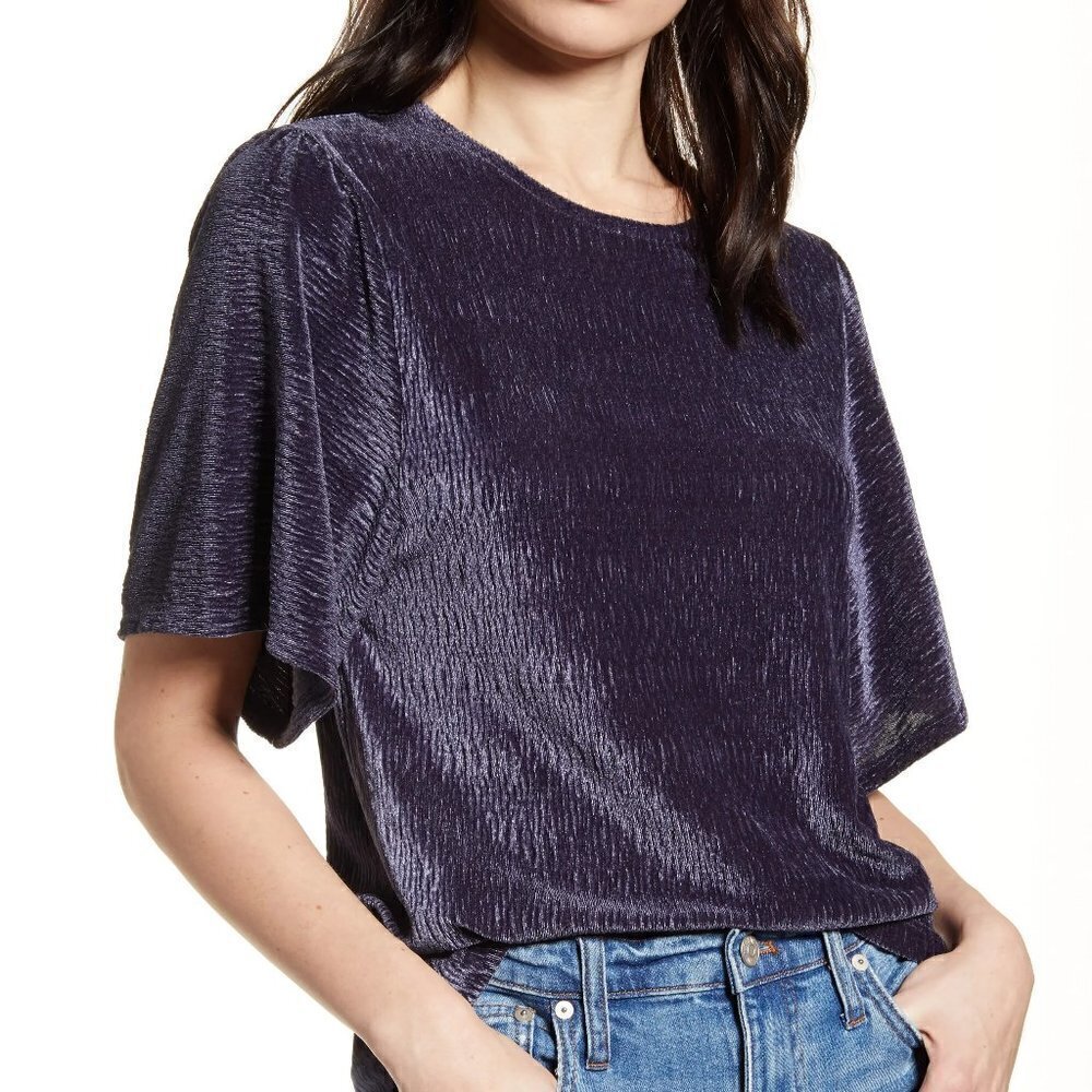 Madewell Texture & Thread Crinkle Velvet Flutter Sleeve Top shirt blouse new XS